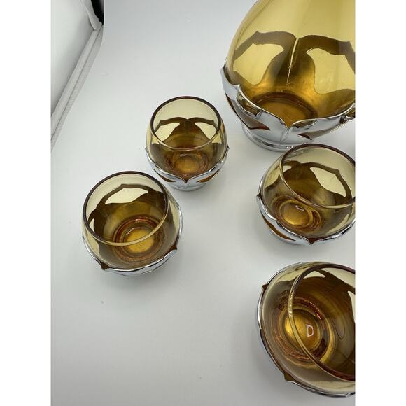 Vintage Farber Brothers Amber Glass Chrome Art Deco Decanter and 6 Glasses - Picture 4 of 9